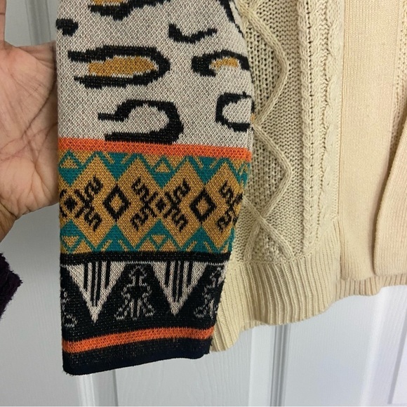 Flying Tomato Cardigan Sweater Ivory Aztec Tribal Leopard Mixed Print Open Sz L - Picture 6 of 11
